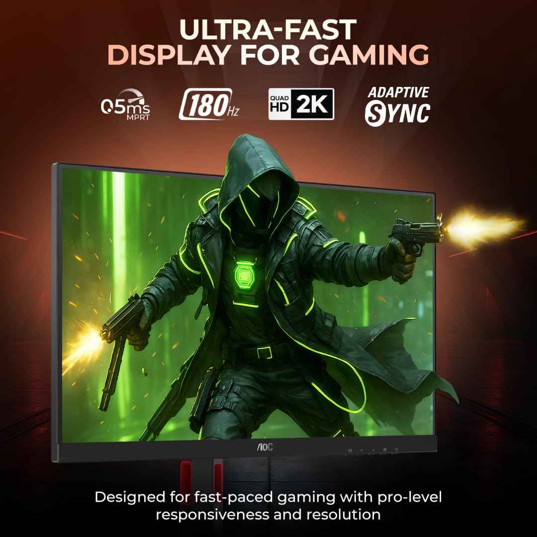 AOC CQ27G4 27"QHD 1500R Curved Gaming Monitor, 180Hz,0.5ms MPRT, HDR10, Adaptive Sync, 300 nits Brightness, Fast VA Panel, Height Adjustable Stand, Gaming Modes, Low Input Lag, Frameless, HDMI 2.0, DP