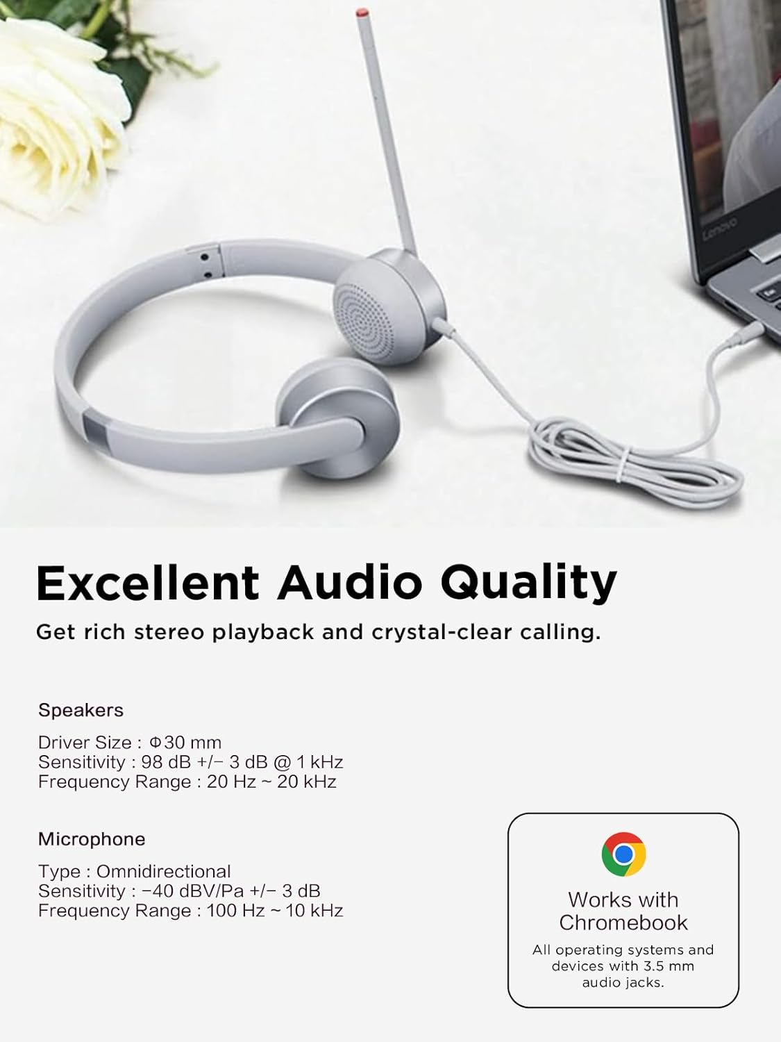 Lenovo 100 Stereo Analogue Wired On Ear Headphones with Mic, Memory-Foam earcups, 30 mm Driver | Computer/PC or Laptop Headphone (Cloud Grey)