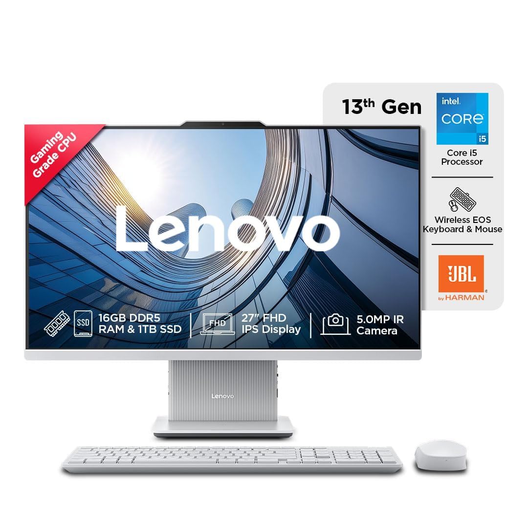 Lenovo IdeaCentre AIO Intel Core i7 13620H 27" FHD IPS 3-Side Edgeless All-in-One Desktop (16GB/1TB SSD/Win11/Office 21/5.0MP+IR Camera/3Wx2 Harman Speakers/Wireless EOS Keyboard & Mouse), F0HM003EIN