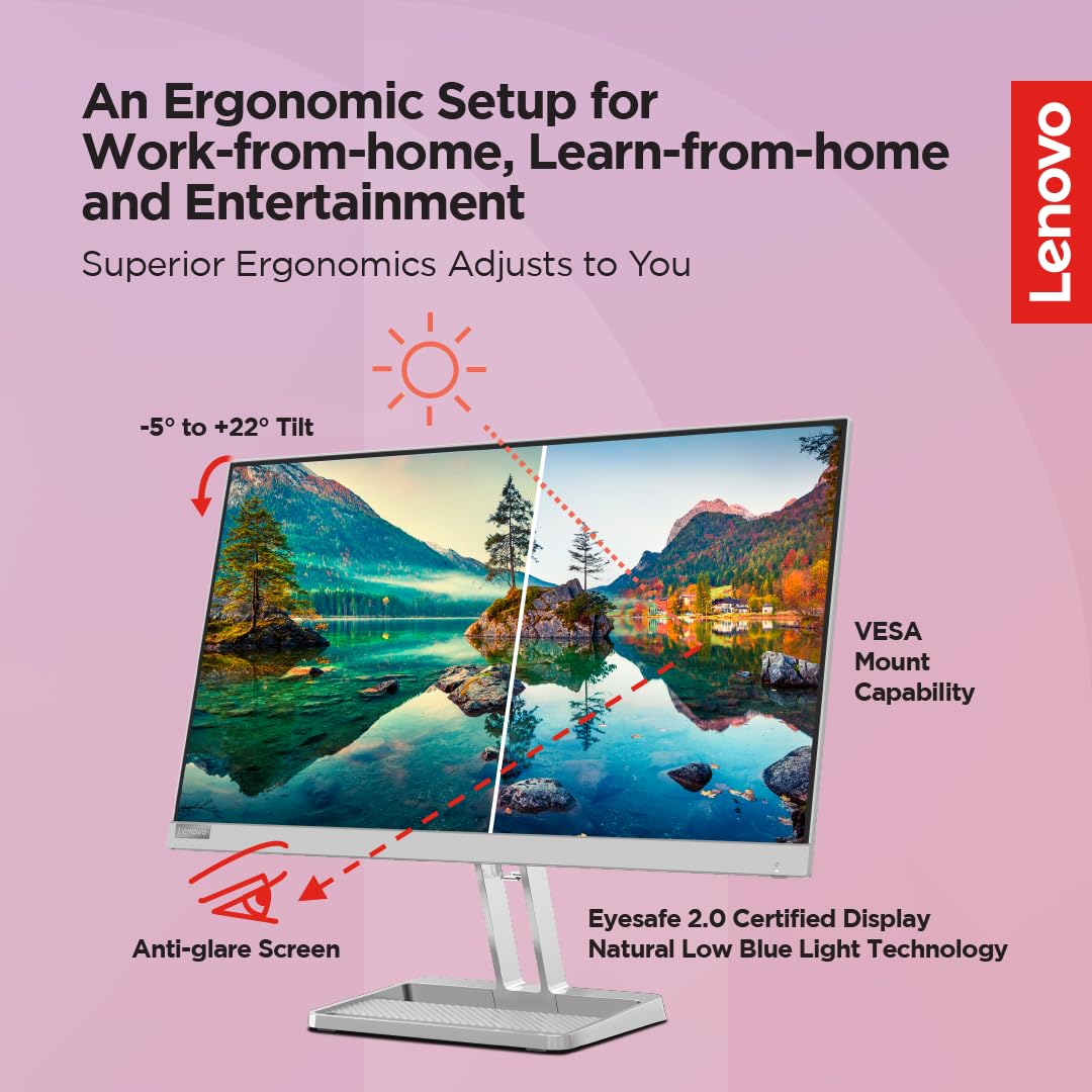 Lenovo L-Series 60.45cm (24 inch) | FHD IPS Ultraslim Monitor | 100Hz, 99% sRGB, HDMI, Tilt Stand, 2x3W Speakers, Smart Display Customization Artery, Home & Office Use, Grey, L24i-40