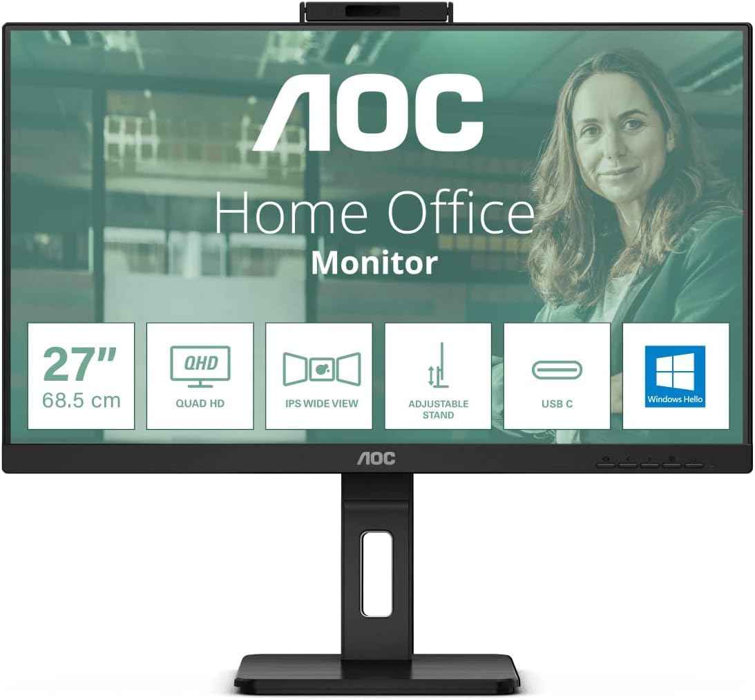 AOC Q27P3CW 27 inch LCD Monitor (2560x1440), QHD 3-Sided Display, Adaptive Sync, HDMI, USB-C & DisplayPort Connectivity, 4ms Response time, 75Hz Refresh Rate, Adjustable-Height & Flicker Free (Black)