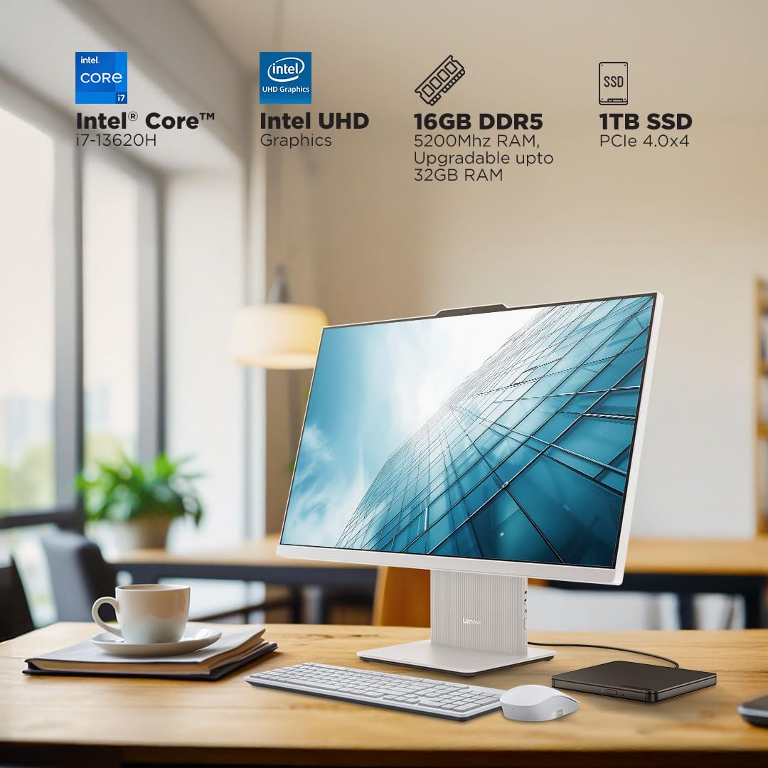 Lenovo IdeaCentre AIO Intel Core i7 13620H 27" FHD IPS 3-Side Edgeless All-in-One Desktop (16GB/1TB SSD/Win11/Office 21/5.0MP+IR Camera/3Wx2 Harman Speakers/Wireless EOS Keyboard & Mouse), F0HM003EIN
