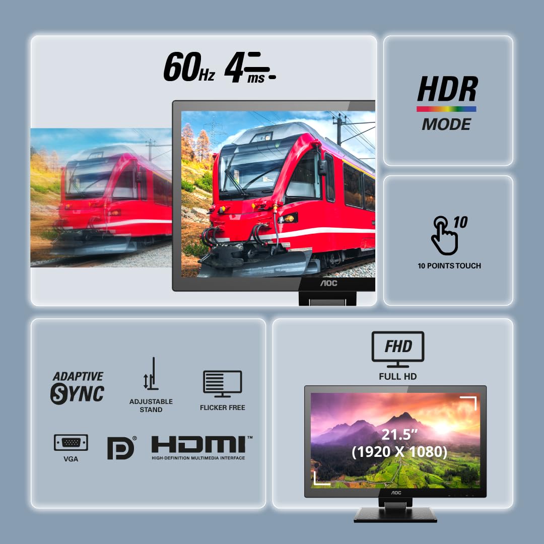 AOC 22P2T 21.5" FHD VA Touch Monitor, 10-Point Capacitive Touchscreen, 75Hz, HDMI/DP/DVI Ports, USB 3.2 Fast Charge, HDR Mode, Built-in Speakers, IP65 Water & Dustproof, Eye Care, Z-Stand