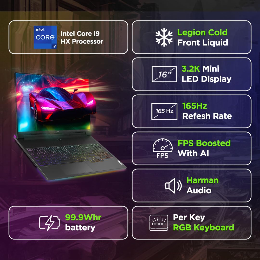 Lenovo Legion 9 2024 Intel Core i9-14900HX 16" (40.64cm) 3.2K Mini LED 1200Nits 165Hz Gaming Laptop (64GB/2TB SSD/Win 11/Office 2021/NVIDIA RTX 4090 16GB/3 Month Game Pass/Black/2.6Kg), 83G0003AIN