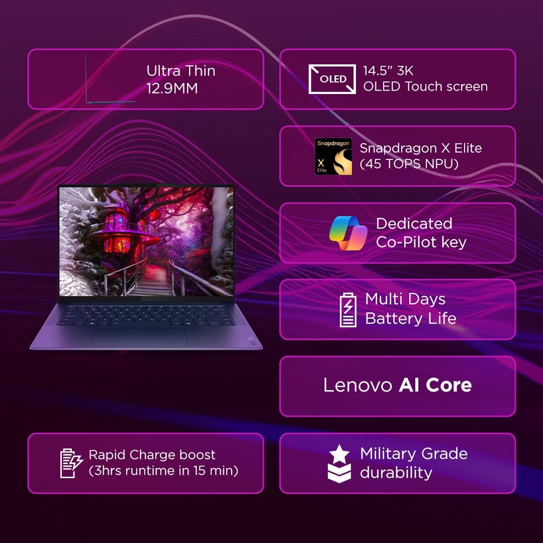 Lenovo Yoga Slim 7 Snapdragon X Elite X1E Built in-AI with Copilot+ 14"(35.5cm) 3K OLED 500Nits Touchscreen Laptop (32GB/1TB SSD/90Hz/Qualcomm NPU 45TOPS/Win11/MSO/1Yr ADP Free/Grey/1.4Kg), 83ED003BIN