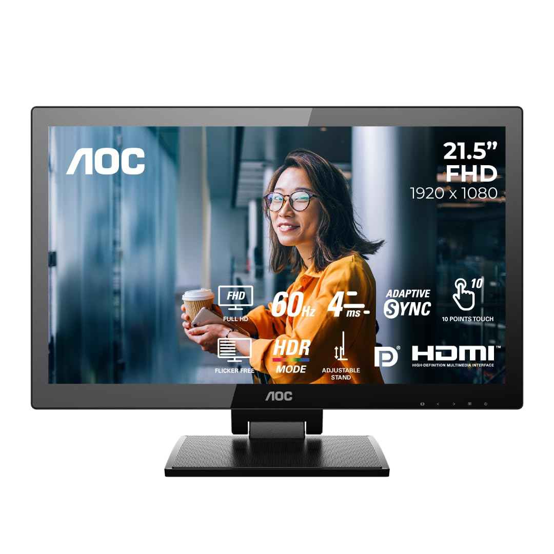 AOC 22P2T 21.5" FHD VA Touch Monitor, 10-Point Capacitive Touchscreen, 75Hz, HDMI/DP/DVI Ports, USB 3.2 Fast Charge, HDR Mode, Built-in Speakers, IP65 Water & Dustproof, Eye Care, Z-Stand