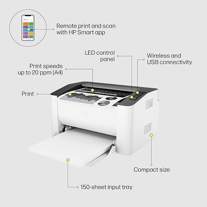 HP Laser 1008W Monochrome Laser Printers,Wireless,Single Function,Print,Hi-Speed USB 2.0Up to 21 Ppm,150-Sheet Input Tray,100-Sheet Output Tray,10,000Page Duty Cycle,1Year Warranty,Black&White,714Z9A - Zapnet.in