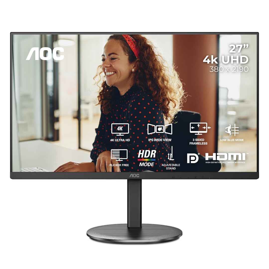 AOC U27V4 27" Ultra HD 4K Monitor, IPS Display, Flicker-Free, Low Blue Light, HDR Mode, Adaptive Sync, Dual HDMI 2.0 Port, Built-in Speakers, 350nits Brightness, Screen Shield, Height Adjustable Stand