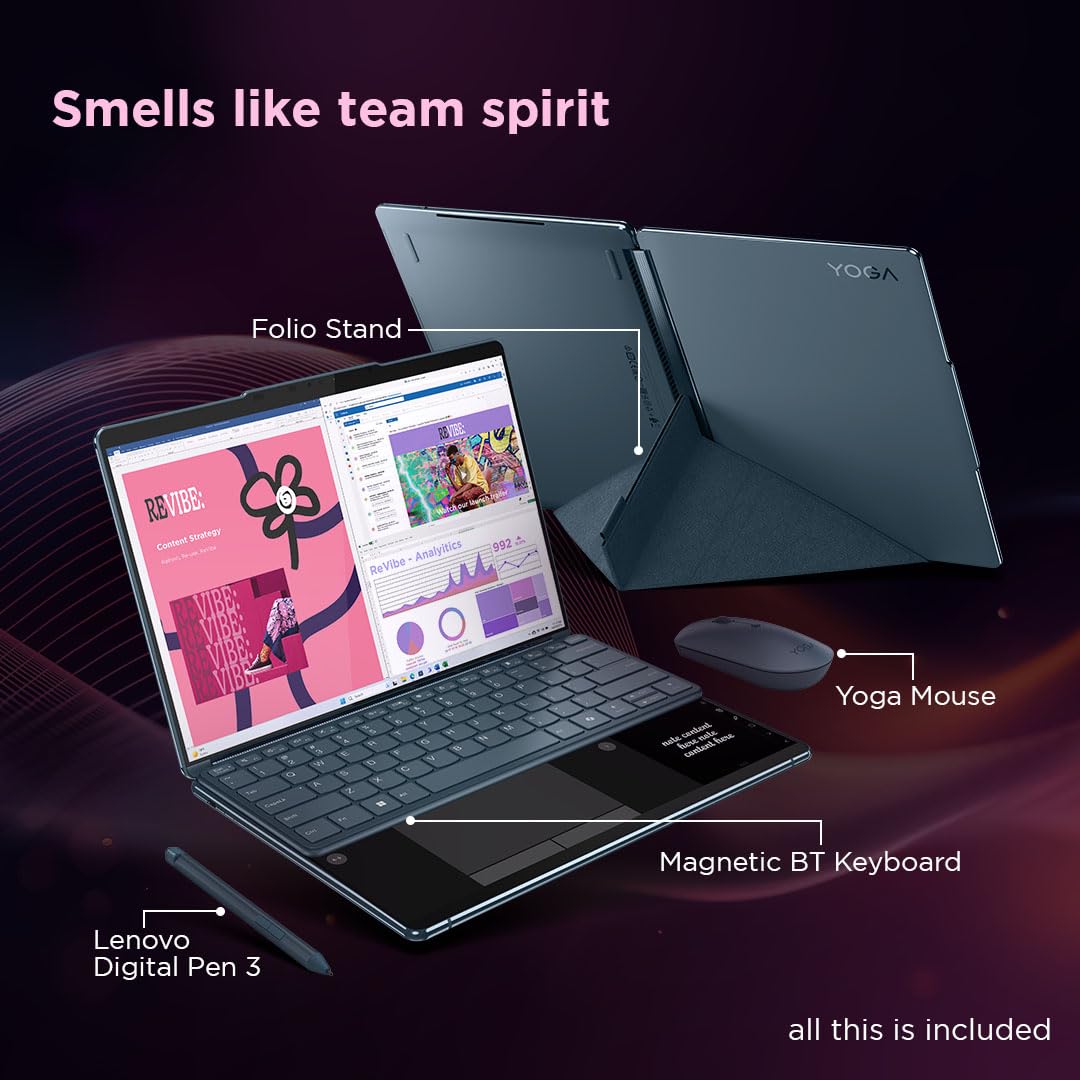 Lenovo Yoga Book 9 Intel Evo Core Ultra 7 155U Built-in AI Dual 13.3" 2.8K OLED Display (2x33.7cm) with Pen+Silent Mouse+Keyboard |32GB/1TB SSD/Win 11/MSO 21/5.0MP IR Camera/Teal/1.3Kg, 83FF0034IN
