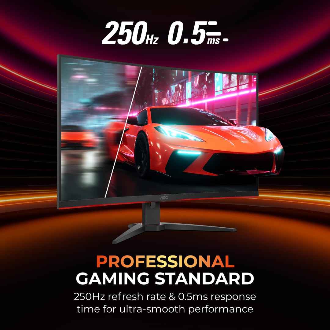 AOC C32G2ZE2 32" FHD 1500R Curved Gaming Monitor, 250Hz Refresh Rate, 0.5ms Response, HDR10, Adaptive Sync, VA Panel, Low Input Lag, HDMI/DP, Frameless Design, Flicker-Free, Low Blue Mode
