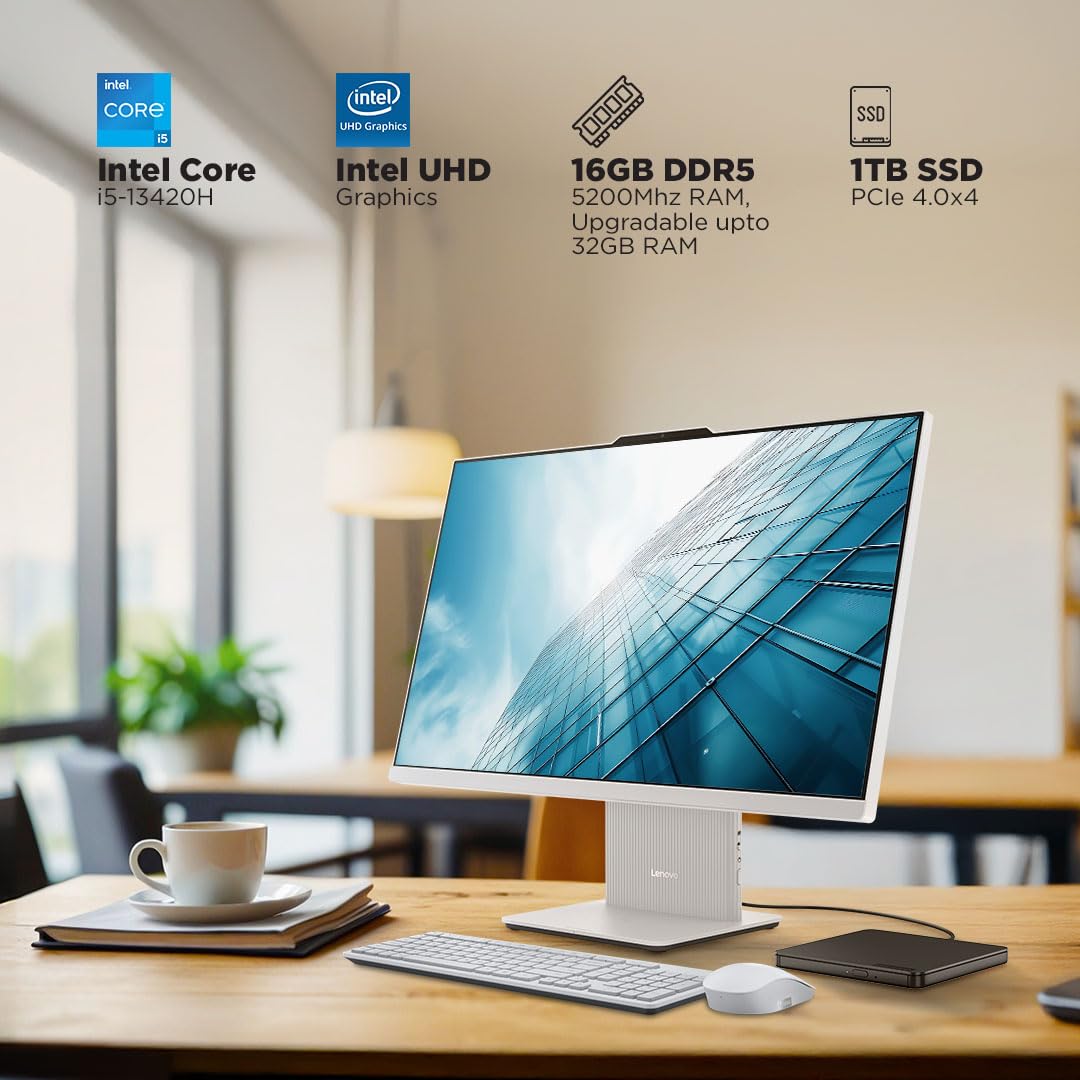 Lenovo IdeaCentre AIO Intel Core i5 13420H 27" FHD IPS 3-Side Edgeless All-in-One Desktop with Alexa Built-in (16GB/1TB SSD/Win11/Office 2021/5.0MP+IR Camera/Wireless EOS Keyboard & Mouse), F0HM003CIN