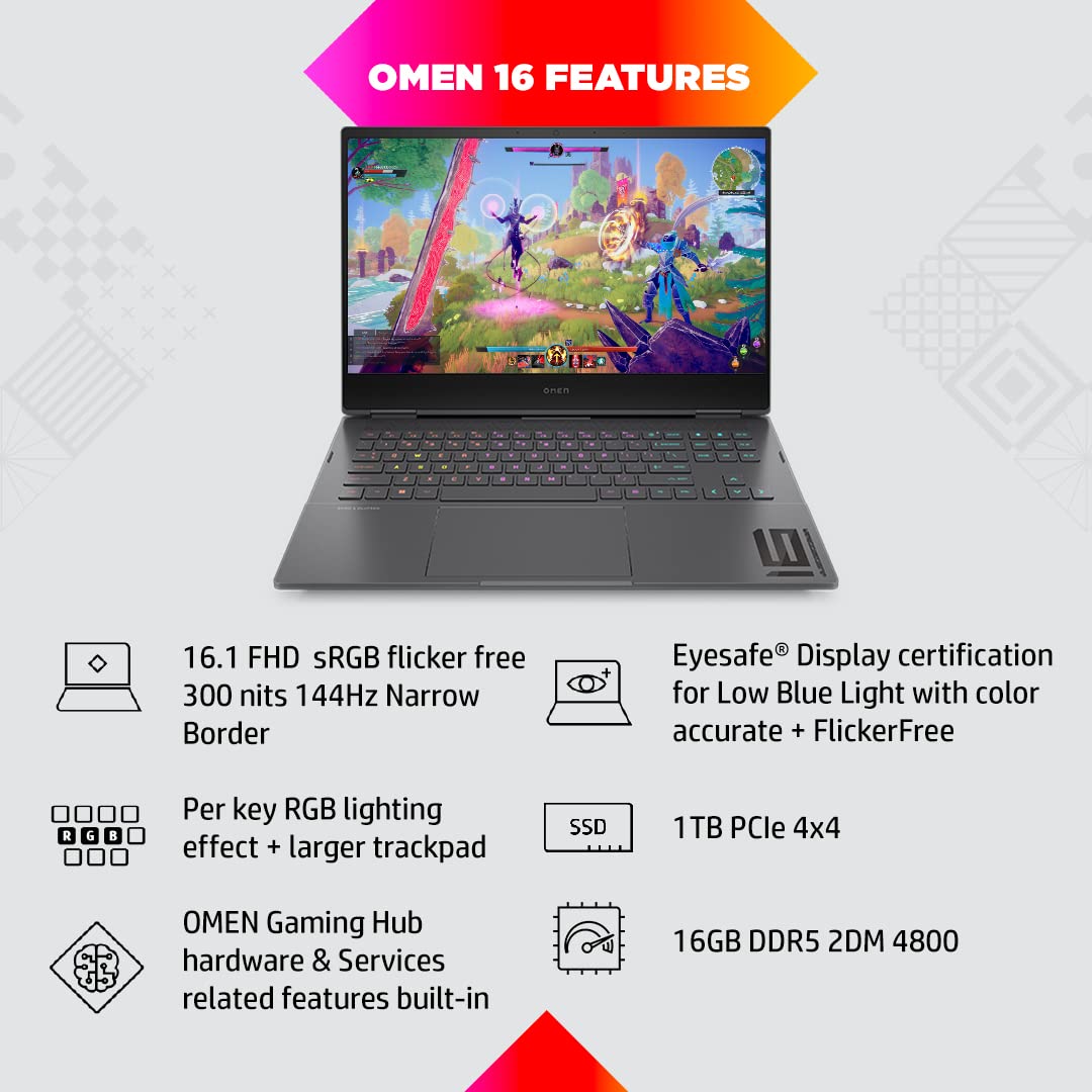 HP Omen AMD Ryzen 7-6800H 16.1 inch(40.9cm) FHD Gaming Laptop (16GB RAM/1TB SSD/GeForce RTX 3060 GPU 6GB Graphics/144Hz/7ms Response Time/Win 11/MSO 2021/Backlit KB/B&O Audio/Alexa),16-n0054AX