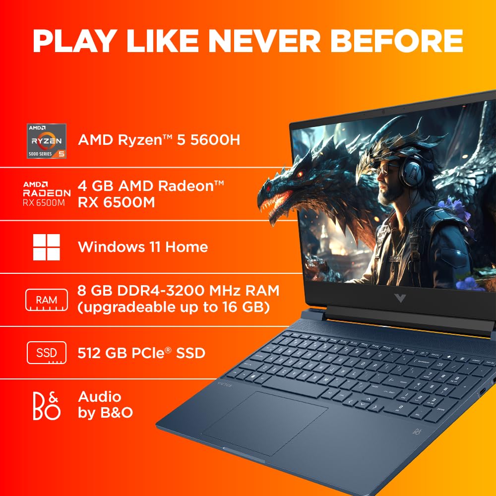 HP Victus, AMD Ryzen 5 5600H, AMD Radeon RX 6500 Graphics, 8GB DDR4, 512GB SSD, IPS, 15.6-inch(39.6cm) FHD Gaming Laptop, Enhanced Cooling (Win 11, Office 21, Blue, 2.37kg) fb0147AX/fb0184AX