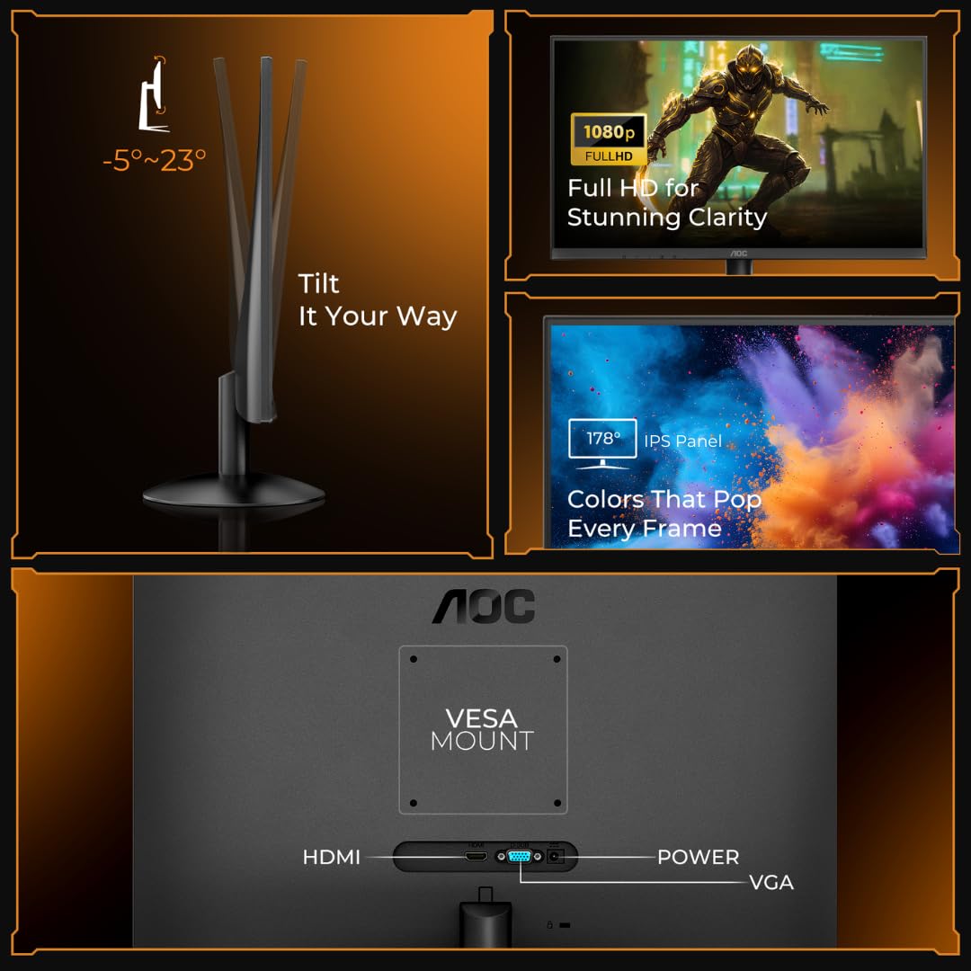 AOC 24B30H2 24 Inch (23.8") FHD IPS Monitor | 120Hz Refresh Rate | 1ms Response Time | Adaptive Sync | 3-Side Frameless | HDMI & VGA | Low Blue Mode | VESA Mount