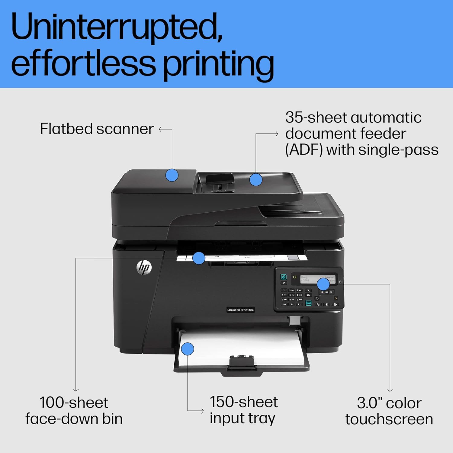 HP MFP M128Fn Laserjet Monochrome Printer: Print, Copy, Scan, Automatic Document Feeder, Ethernet, Fast Printing Upto 20Ppm, Easy and Secure Setup, 3 Year Warranty, Black