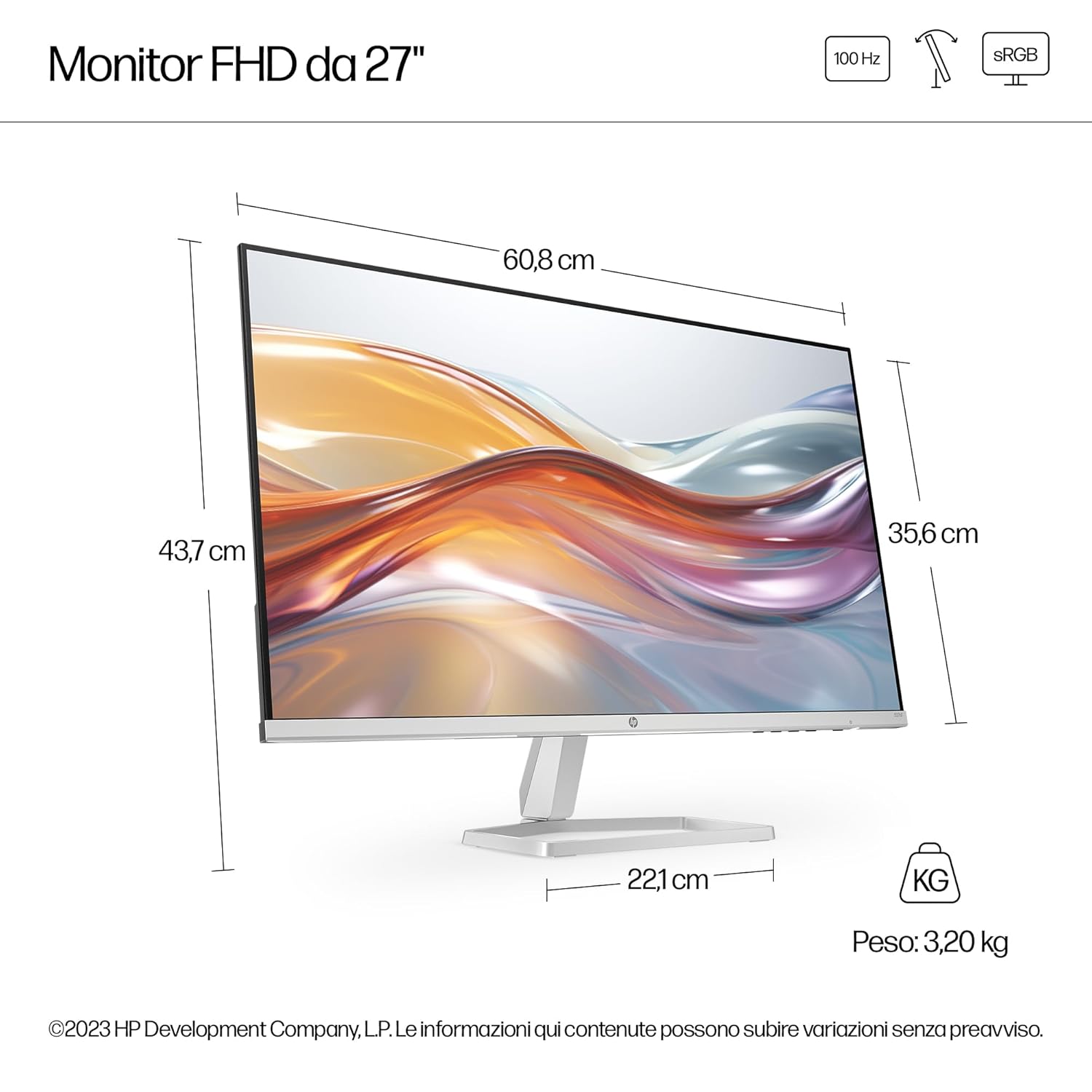 HP Series 5 27 inch FHD White Monitor - 527sw,27inch(68.6 cm),FHD(1920 x 1080),300 nits,Integrated Speakers, Eye Ease,Anti-Glare,3.2kg