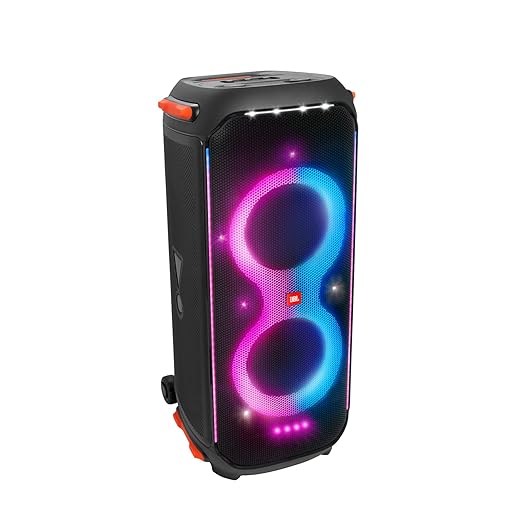 JBL PartyBox 710 Bluetooth Party Speaker with Dynamic Music Synced Flashing Club Pattern Lightshow, Pro Sound, Splashproof, PartyBox App Personalisation,Guitar and Mic Input(800 Watt RMS, Black) - Zapnet.in
