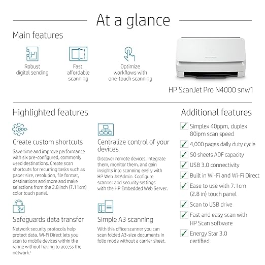 HP ScanJet Pro N4000 snw1 (6FW08A) 40ppm Wi-Fi/USB Color Duplex Scanner with Control Panel for Documents, Photos, Receipts, and Cards. TWAIN/ISIS drivers included - Zapnet.in