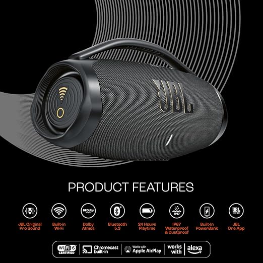 JBL Boombox 3 Wi-Fi, Wireless Portable Bluetooth Speaker, 24H Playtime, Deepest Bass, Built-in Powerbank, Wi-Fi with AirPlay, Alexa Multi-Room, Chromecast Built-in™, PartyBoost, IP67, App (Black) - Zapnet.in