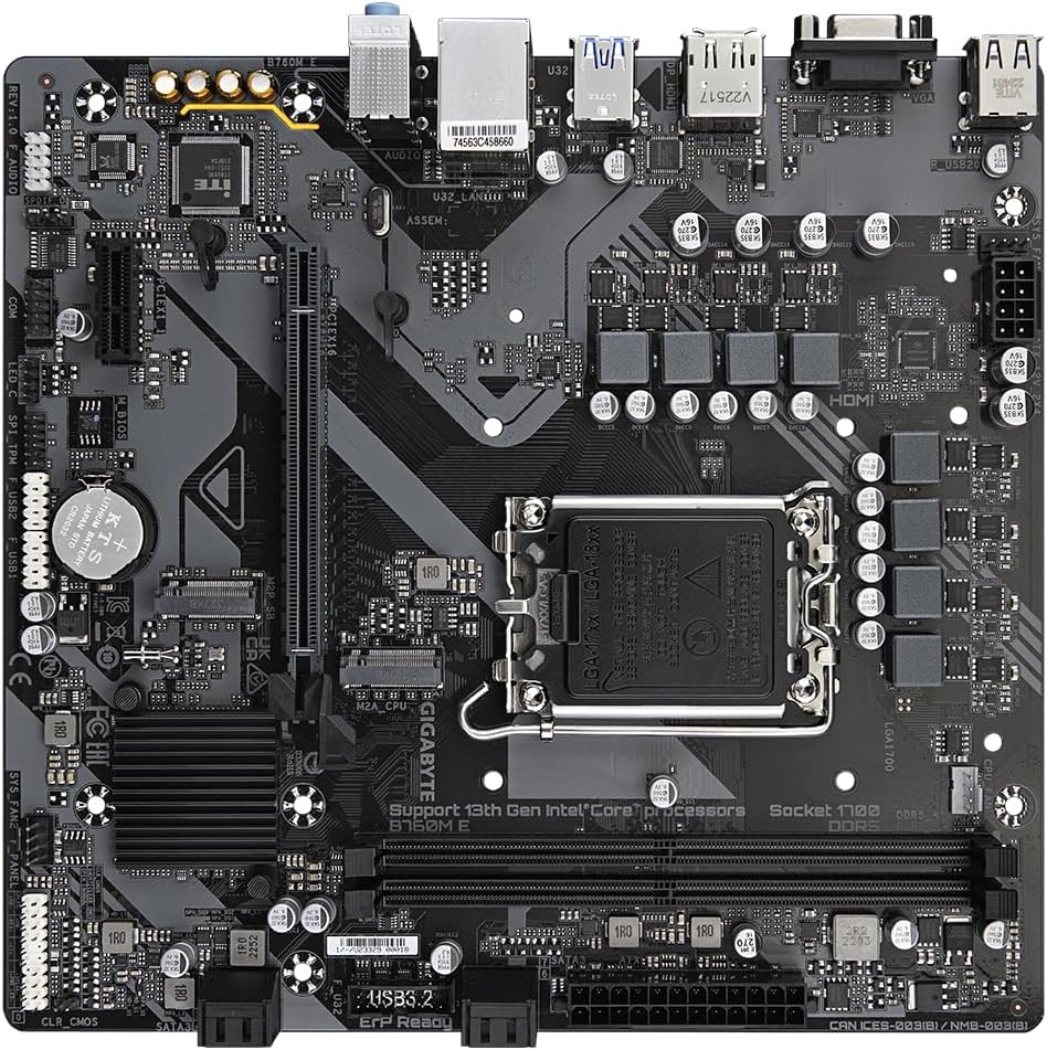 GIGABYTE B760M E Motherboard - Supports 14th Gen. Intel Core CPUs, 6+1+1 Phases VRM, up to 7200MHz DDR5 (OC), 2xPCIe 4.0 M.2, 1 GbE LAN, USB 3.2 Gen 1