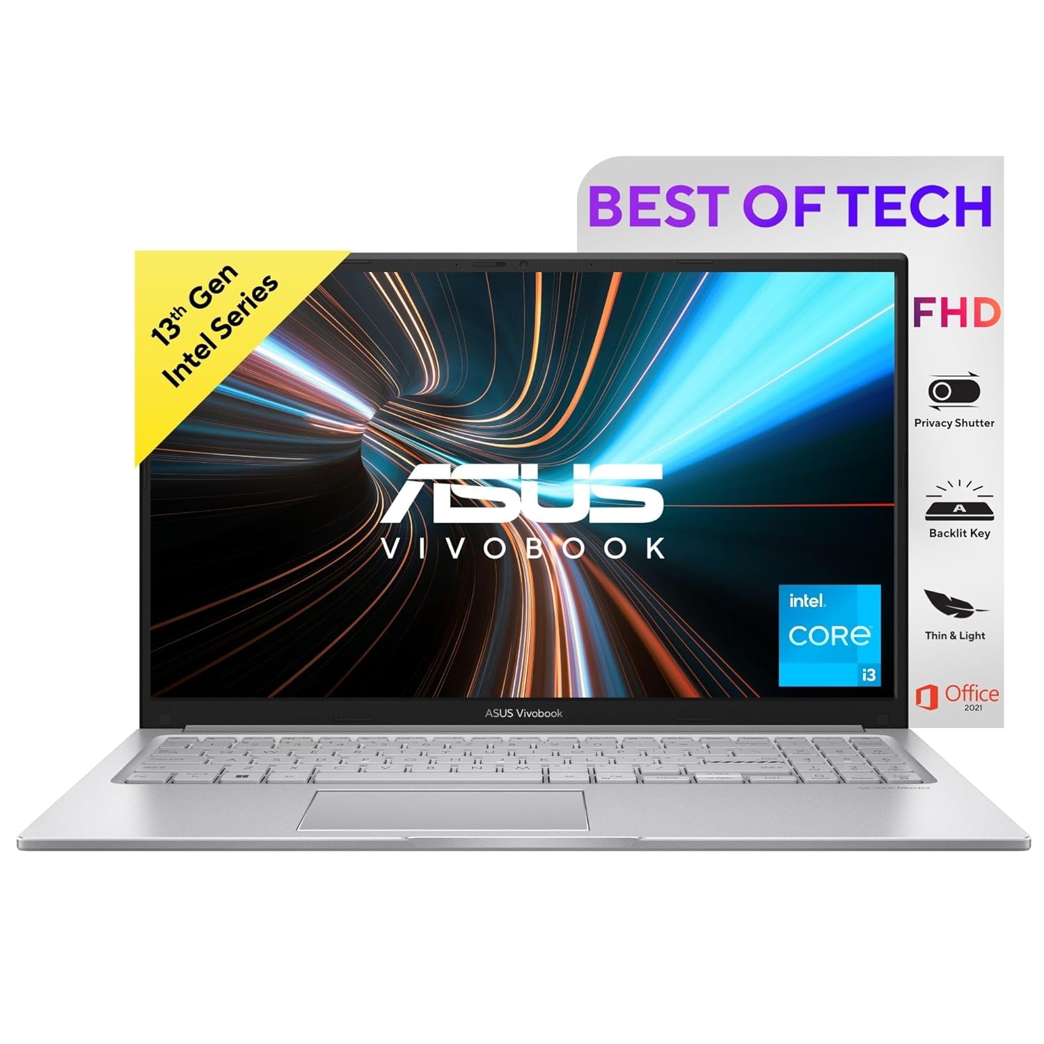 ASUS Vivobook 15, Intel Core i3-1315U 13th Gen, 15.6" (39.62 cms) FHD, Thin and Light Laptop (8GB RAM/512GB SSD/Win11/MS Office/Backlit Keyboard/Silver/1.7 kg), X1504VA-NJ320WS