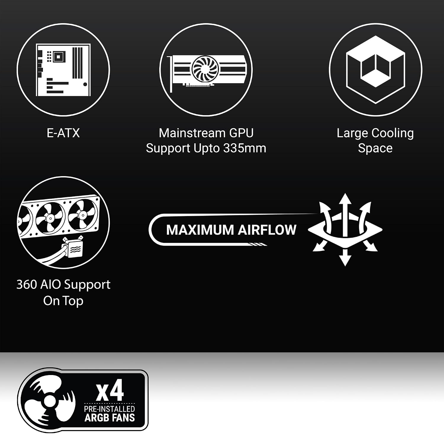 Ant Esports EVO 360 Lite Mid-Tower Computer Case/Gaming Cabinet - Black | Support E-ATX, ATX, Micro-ATX, Mini-ITX | Pre-Installed 4 ARGB Fans