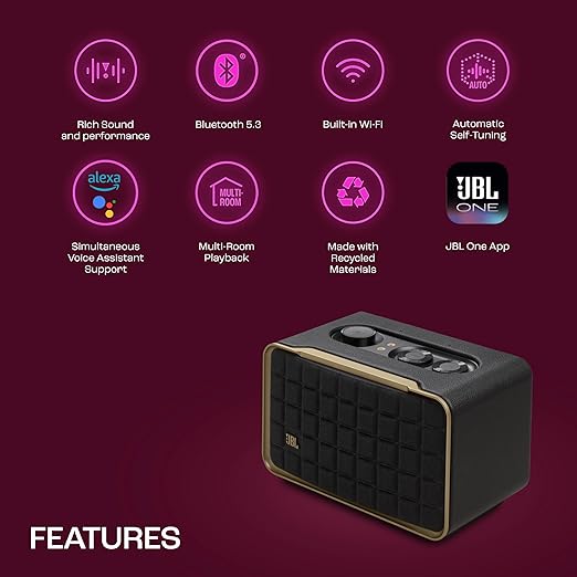 JBL Authentics 200, Smart Home WiFi Speaker and Music Streaming, Voice Assist and Bluetooth Connectivity, Automatic Calibration, Compatible with Google Home & Amazon Alexa, Retro Design in Black - Zapnet.in