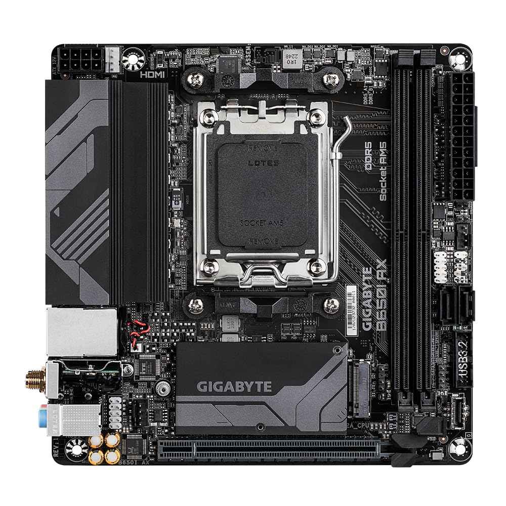 GIGABYTE B650I AX Mini-ITX Motherboard – AM5 Socket, Ryzen 7000/8000/9000 Support, DDR5, PCIe 4.0 M.2, Wi-Fi 6E, 2.5GbE LAN, HDMI/DP, Smart Fan 6, Q-Flash Plus