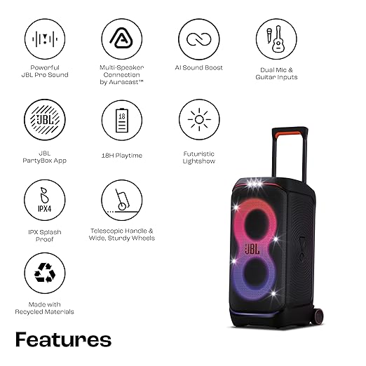 JBL Partybox 320, Portable Bluetooth 240W Party Speaker, AI Sound Boost, Futuristic Light Show, Multispeaker Connection by Auracast, Telescopic Handle & Wheels, Dual Guitar & Mic Inputs (Black) - Zapnet.in