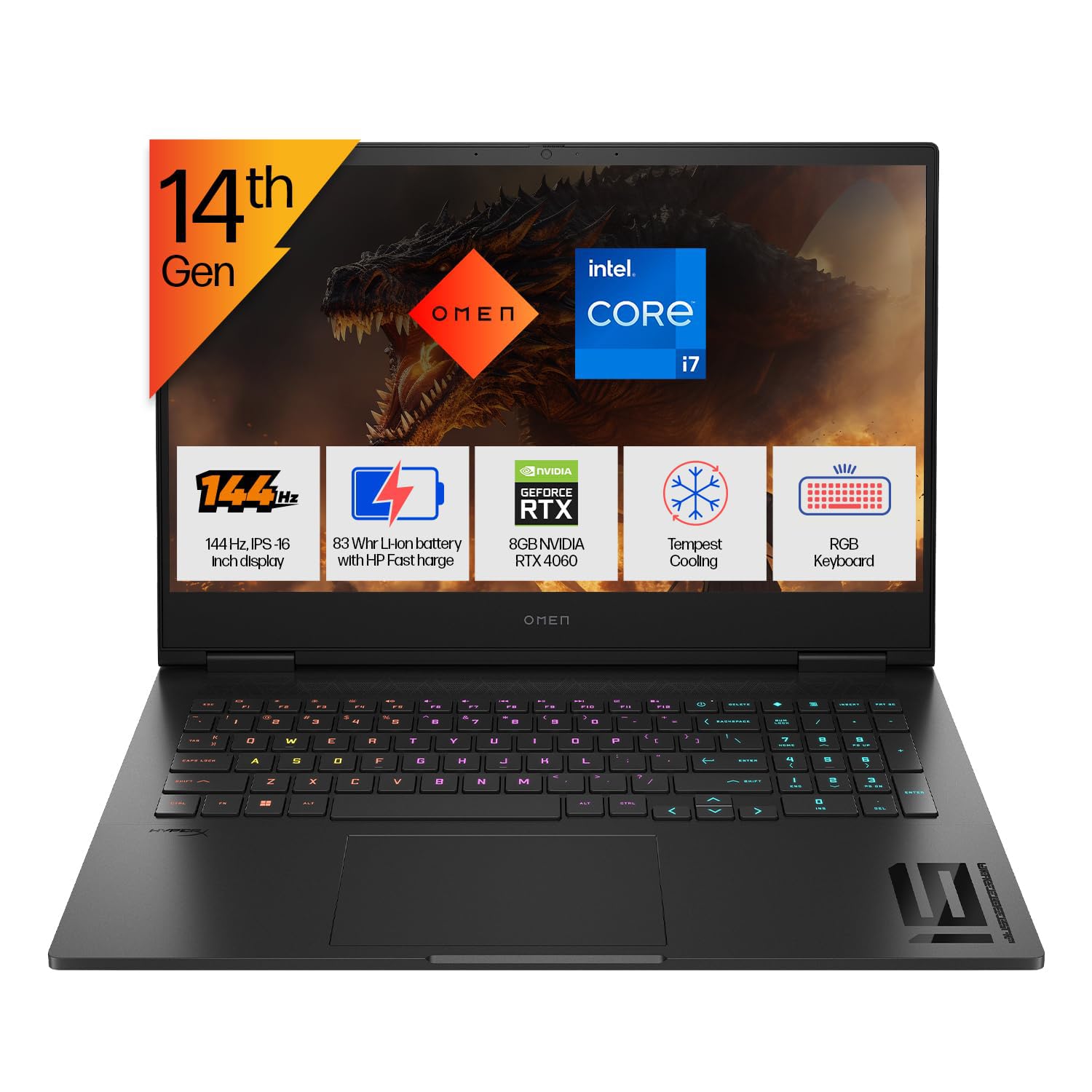 HP OMEN Gaming, 14th Gen Intel Core i7-14650HX, 8GB RTX 4060 (16GB DDR5, 1TB SSD) FHD, 144Hz, IPS, 16.1-inch (40.9 cm) Win11, Office21, Black, 2.39 kg, wf1150TX, RGB KB, Tempest Cooling Gaming Laptop
