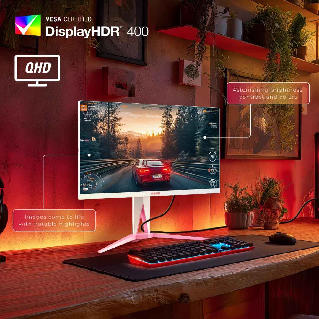 AOC AG275QXR 27" QHD White and Pink Gaming Monitor with Fast IPS, 170Hz Refresh Rate, 1ms, G-Sync Compatible, HDR400, Light FX Rear Illumination, Low Input Lag, Frame Less 3-Side Design, HDMI & DP