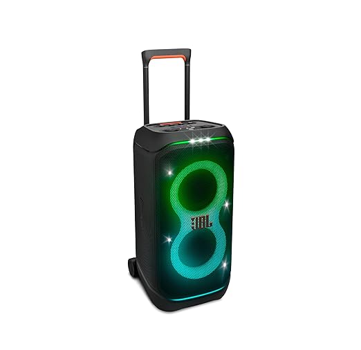 JBL Partybox 320, Portable Bluetooth 240W Party Speaker, AI Sound Boost, Futuristic Light Show, Multispeaker Connection by Auracast, Telescopic Handle & Wheels, Dual Guitar & Mic Inputs (Black) - Zapnet.in