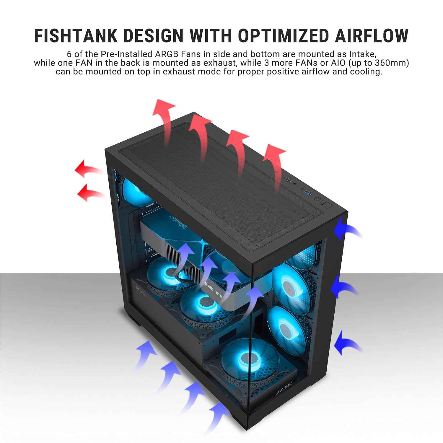 Ant Esports Crystal X7 ATX Computer Case/Gaming Cabinet with Type-C - Black | Support ATX, Micro-ATX, Mini-ITX | Pre-Installed 3 M/B Plate Fans, 2 PSU Shroud Fans, 1 Bottom & 1 Rear Fan