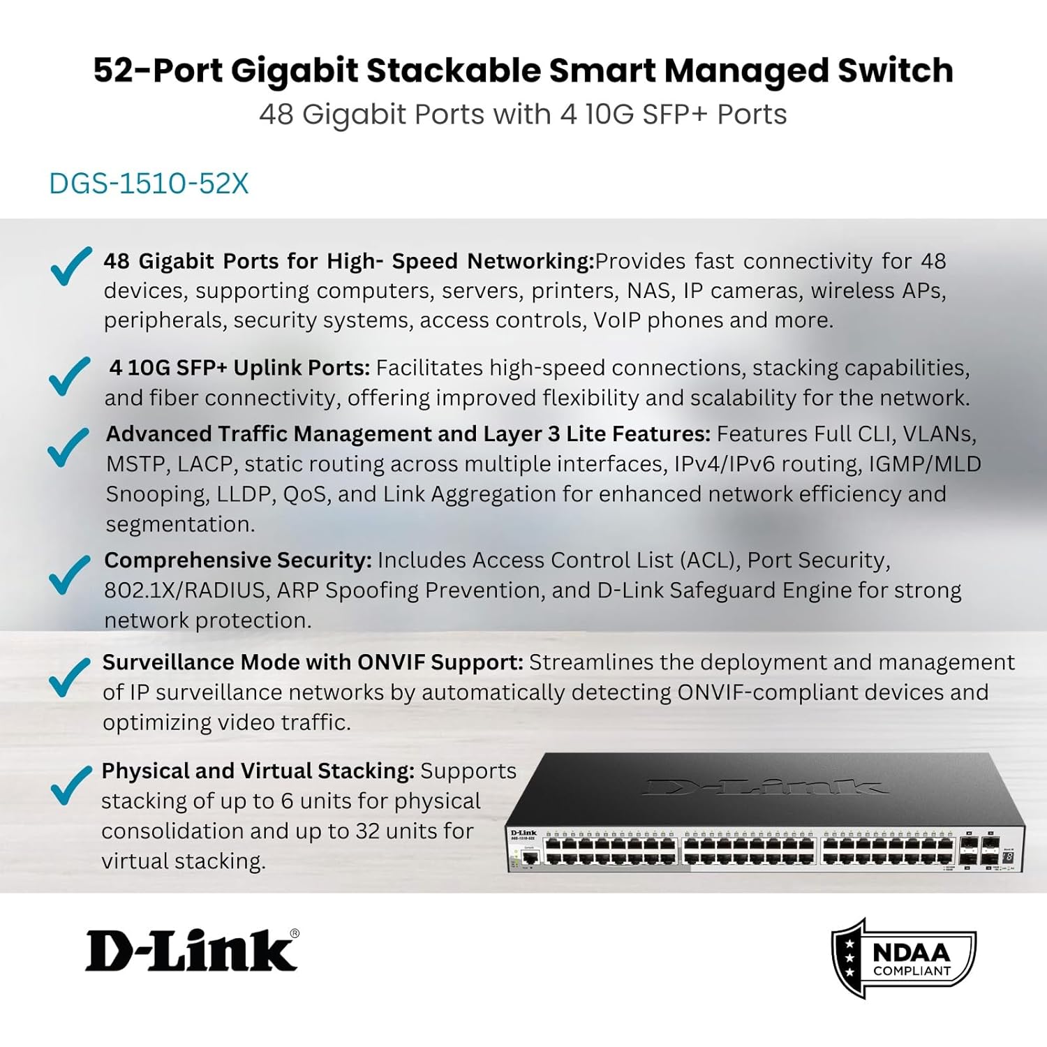 D-Link 52-Port Gigabit Stackable SmartPro Switch Including 4 10GbE SFP+ Ports - 48 Network, 4 Expan