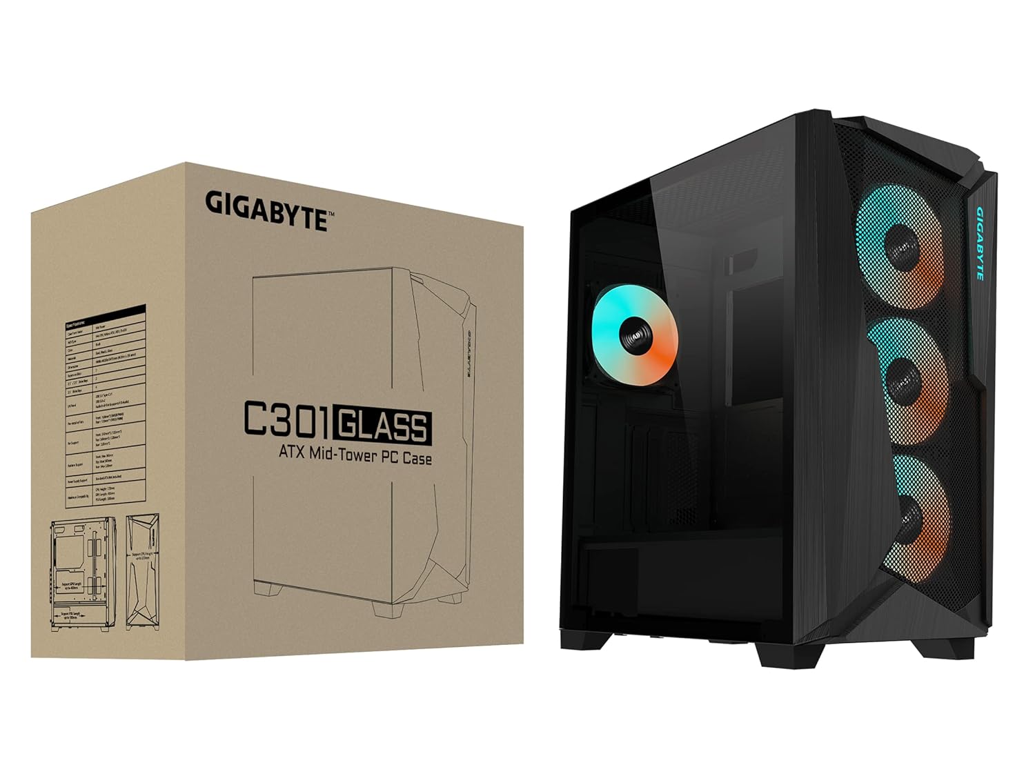 GIGABYTE C301 Glass - Black Mid Tower PC Gaming Case, Tempered Glass, USB Type-C, 4X ARBG Fans Included (GB-C301G)