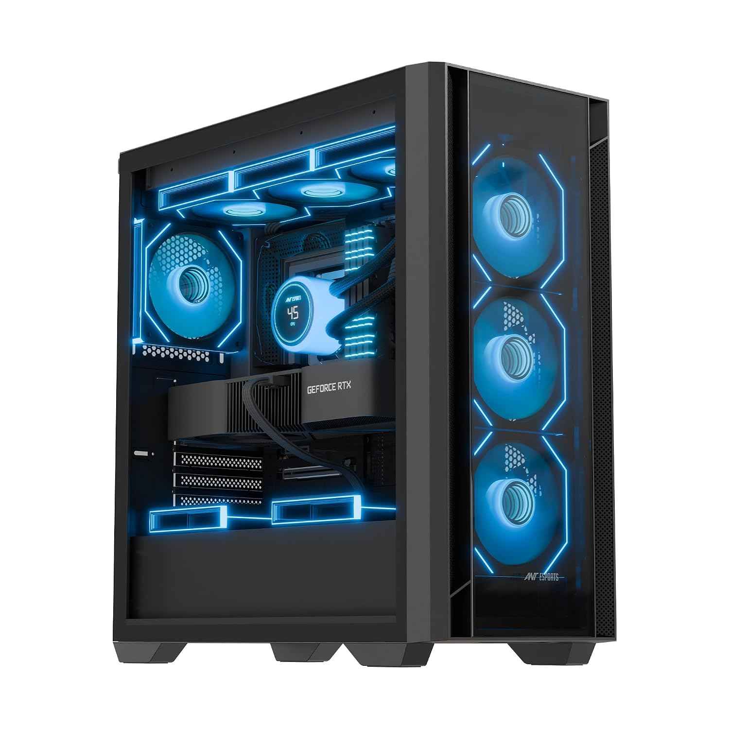 Ant Esports Aqua 360 4F Mid-Tower Computer Case/Gaming Cabinet - Black | Pre-Installed 4 ARGB Fans