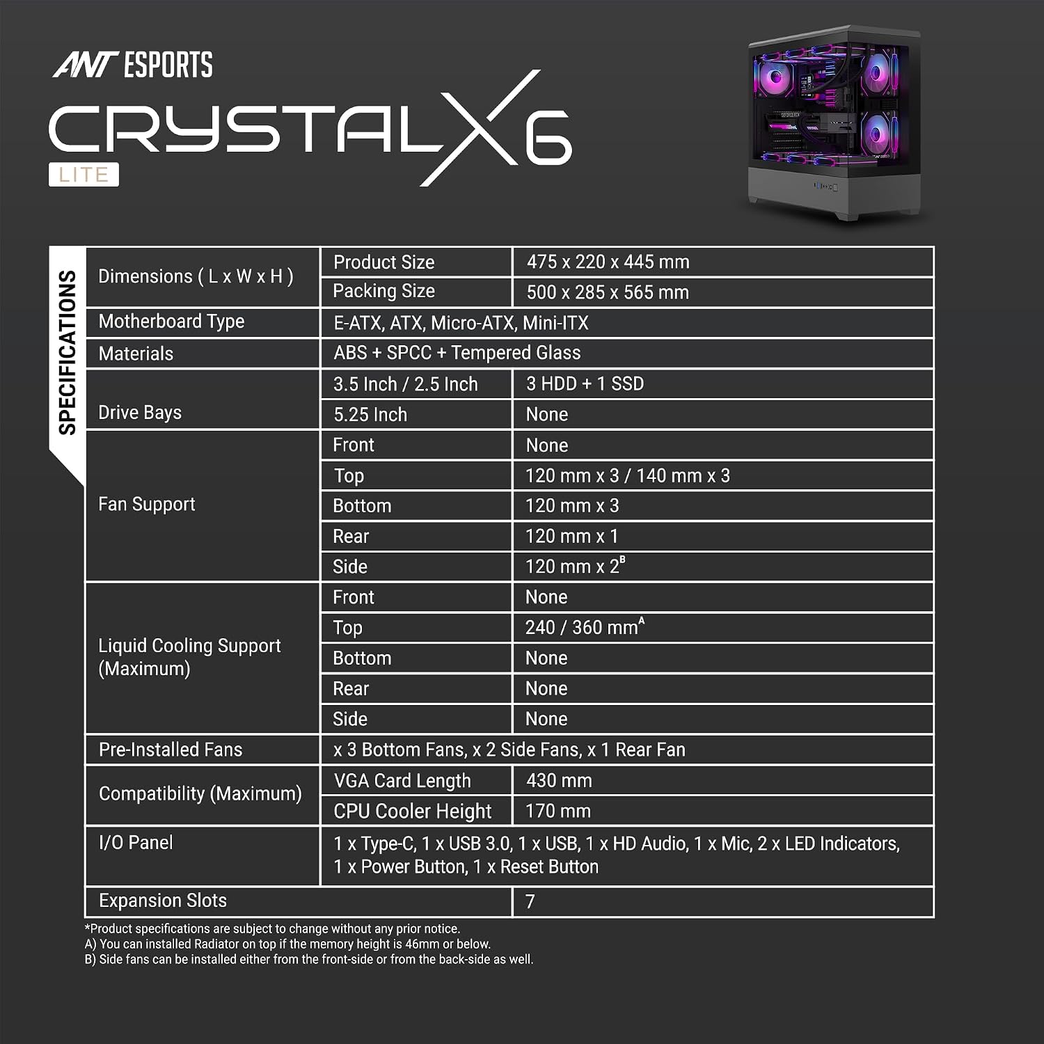 Ant Esports Crystal X6 Lite Mid-Tower Computer Case/Gaming Cabinet - Black | Support E-ATX, ATX, Micro-ATX, Mini-ITX | Pre-Installed 6 ARGB Fans