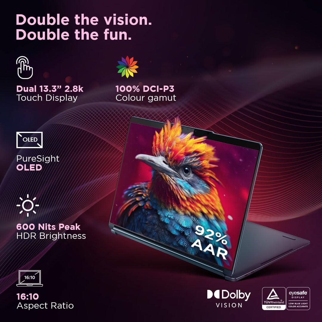 Lenovo Yoga Book 9 Intel Evo Core Ultra 7 155U Built-in AI Dual 13.3" 2.8K OLED Display (2x33.7cm) with Pen+Silent Mouse+Keyboard |32GB/1TB SSD/Win 11/MSO 21/5.0MP IR Camera/Teal/1.3Kg, 83FF0034IN