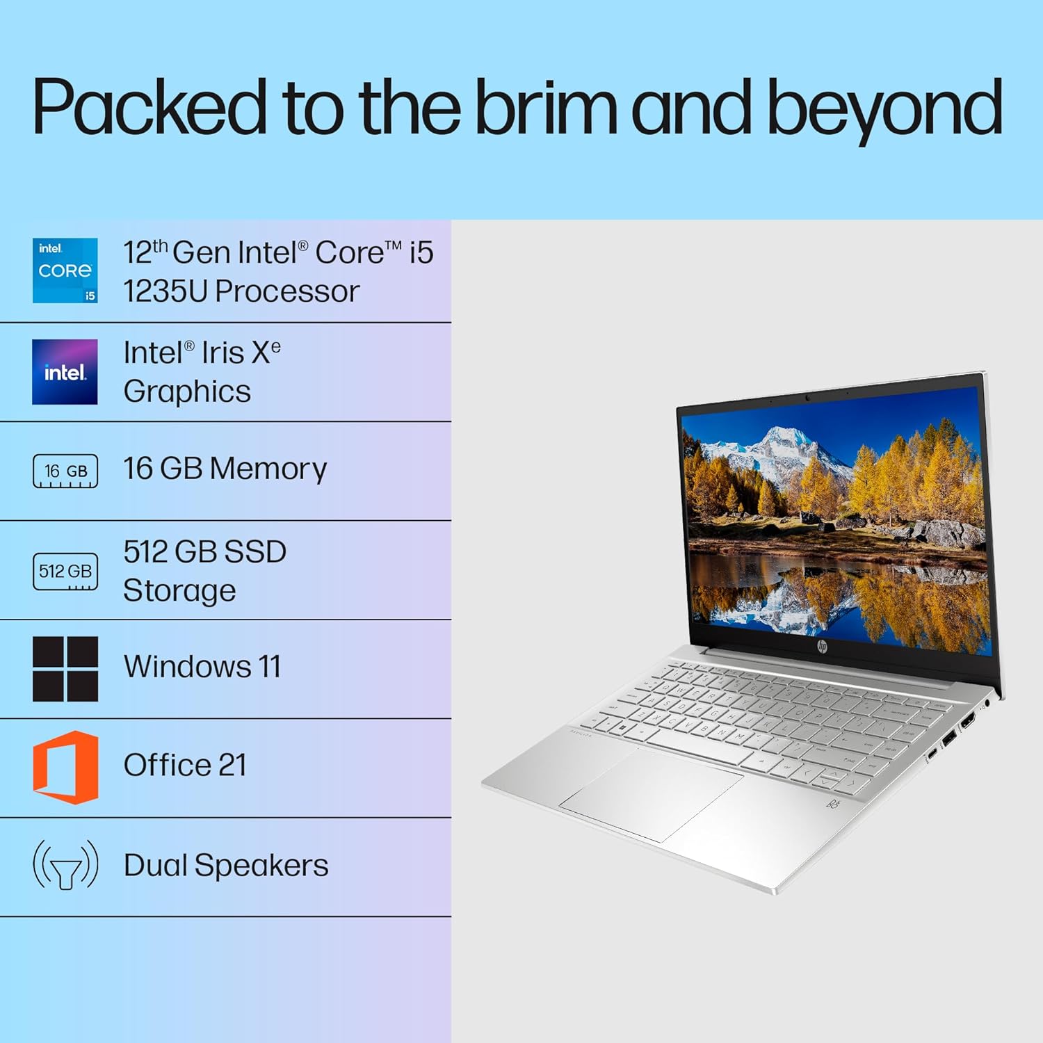 HP Pavilion, 12th Gen Intel Core i5-1235U, 16GB DDR4, 512GB SSD, (Win 11, Office 21, Silver, 1.41kg) IPS, BrightView, 14-inch(35.6cm) FHD Laptop, Intel Iris Xe Graphics, HD camera, Backlit KB,dv2014TU
