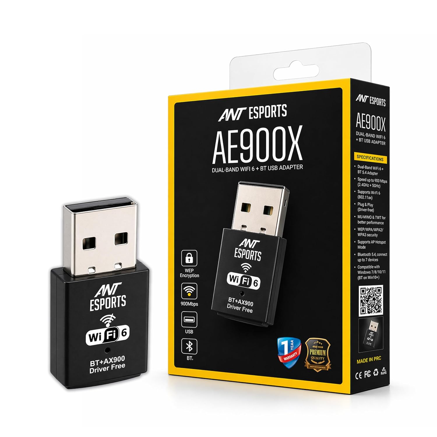 Ant Esports AE900X SmartChoice Dual Band WiFi 6 USB Dongle with Bluetooth 5.4, 900Mbps Speed (2.4GHz + 5GHz), MU-MIMO, Plug & Play, WPA3 Security, Hotspot Mode, Windows Compatible