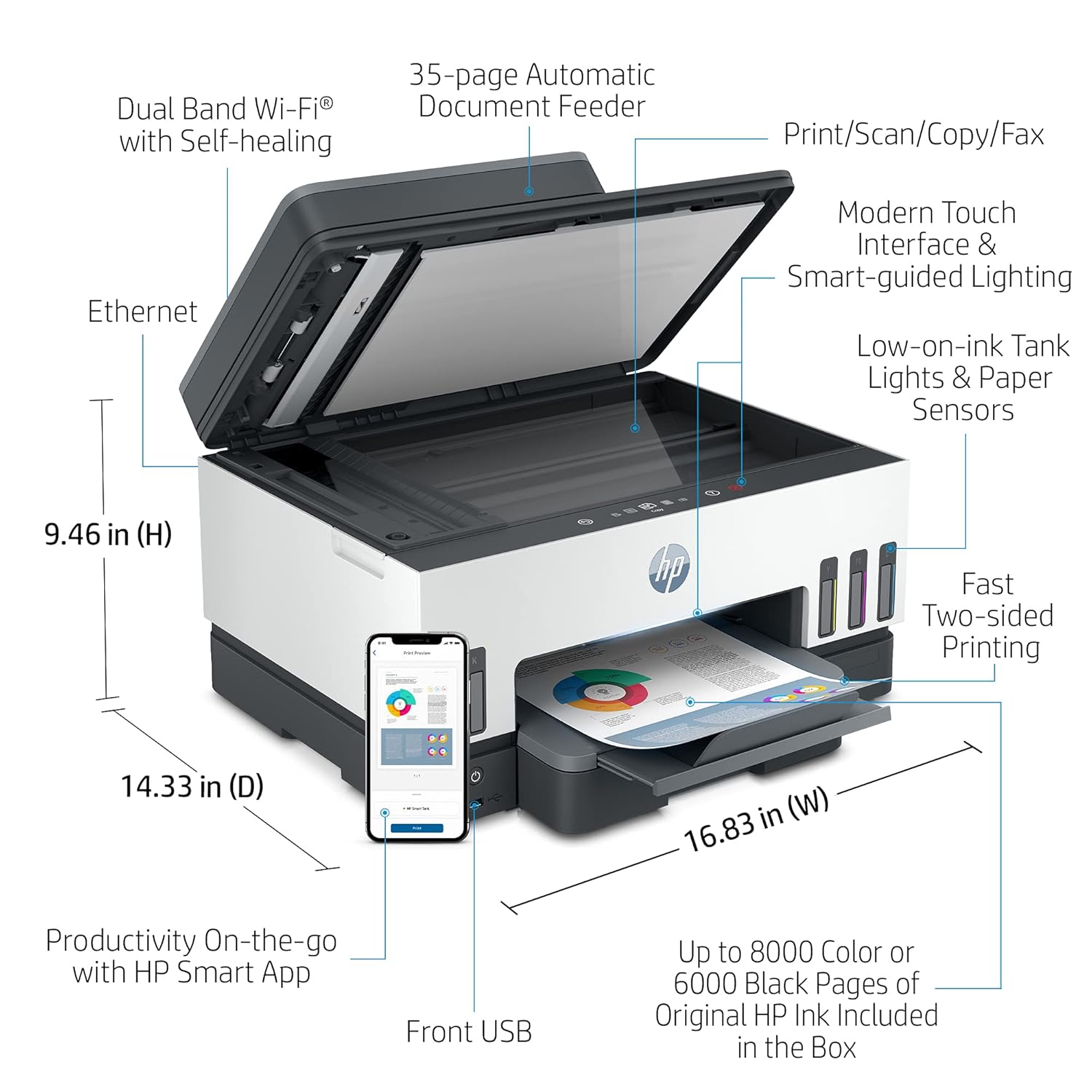 HP Smart Tank 790 All-in-One Auto Duplex WiFi Colour Printer with ADF and FAX, Print, Scan & Cope for Office, Multicolor