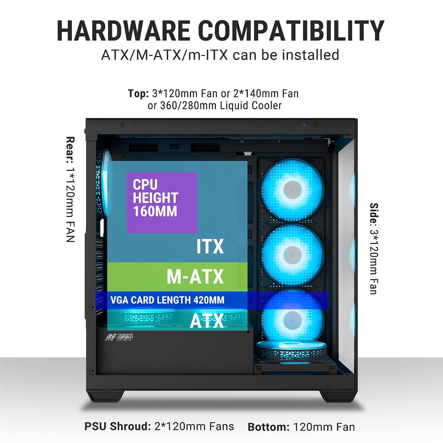 Ant Esports Crystal X7 ATX Computer Case/Gaming Cabinet with Type-C - Black | Support ATX, Micro-ATX, Mini-ITX | Pre-Installed 3 M/B Plate Fans, 2 PSU Shroud Fans, 1 Bottom & 1 Rear Fan