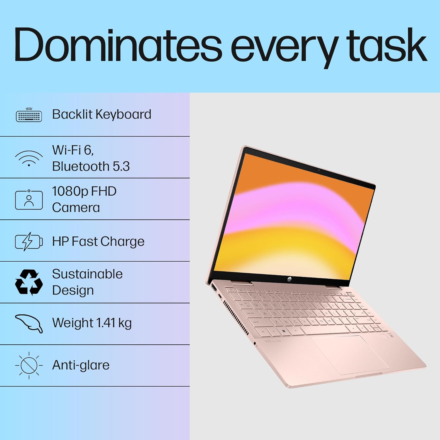 HP Pavilion x360, 13th Gen Intel Core i5-1335U, 16GB DDR4, 1TB SSD, (Win11, Office21, Rose Gold,1.41kg), Touchscreen, IPS, 14inch(35.6cm) FHD Laptop, Intel Iris Xe Graphics, 5MP Camera, Pen, ek1009TU
