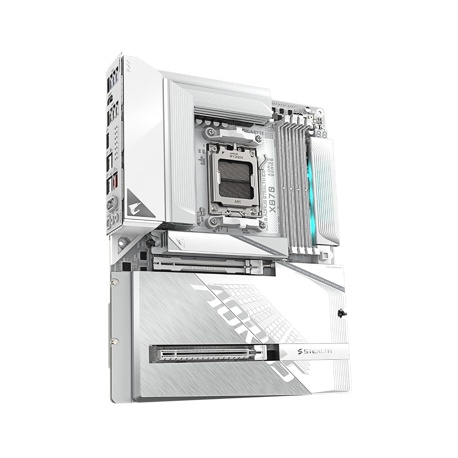 GIGABYTE X870 AORUS Stealth ICE AMD AM5 Motherboard, ATX, DDR5, 4X M.2, PCIe 5.0, 2xUSB-4,USB-C, WIFI7, 5GbE LAN, EZ-Latch