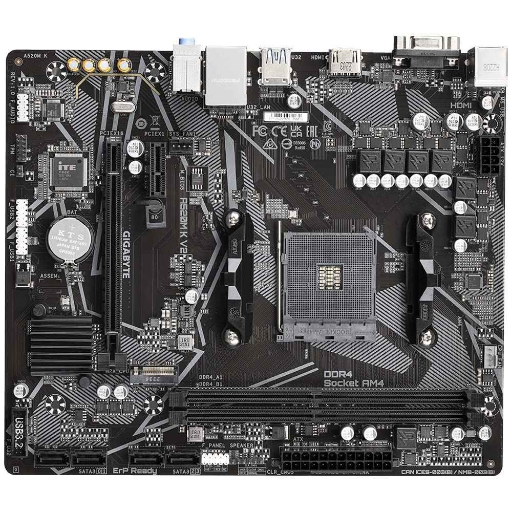 GIGABYTE A520M K V2 (Rev. 1.0) Micro-ATX Motherboard – AMD AM4, DDR4 (5100 MHz OC), PCIe 3.0 x4 M.2, GbE LAN, HDMI + D-Sub, Smart Fan 5
