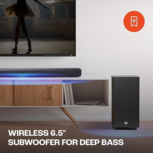 JBL Cinema SB590 Deep Bass, Dolby Atmos Soundbar with Wireless Subwoofer for Extra Deep Bass, 3.1 Channel, Center channel for superior voice clarity, HDMI eARC, Bluetooth & Optical Connectivity (440W) - Zapnet.in