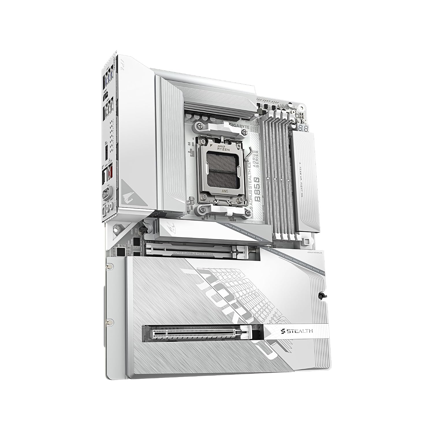 GIGABYTE B850 AORUS Stealth ICE AMD AM5 Motherboard, ATX, DDR5, 4X M.2, PCIe 5.0, USB-C, WIFI7, 5GbE LAN, EZ-Latch,
