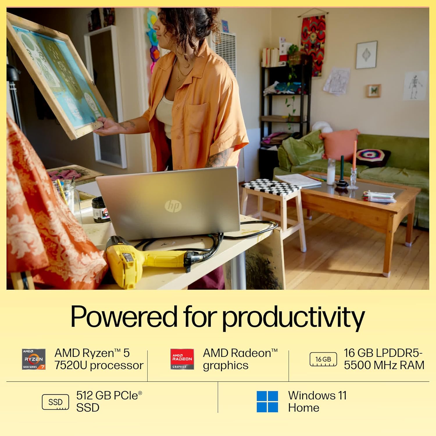 HP 15, AMD Ryzen 5 7520U, 16GB DDR5, 512GB SSD, (Win 11, Office 21, Silver, 1.59kg), Anti-Glare, Micro-Edge, 15.6-inch(39.6cm), FHD Laptop, AMD Radeon Graphics, 1080p FHD Camera, Backlit KB, fc0156AU