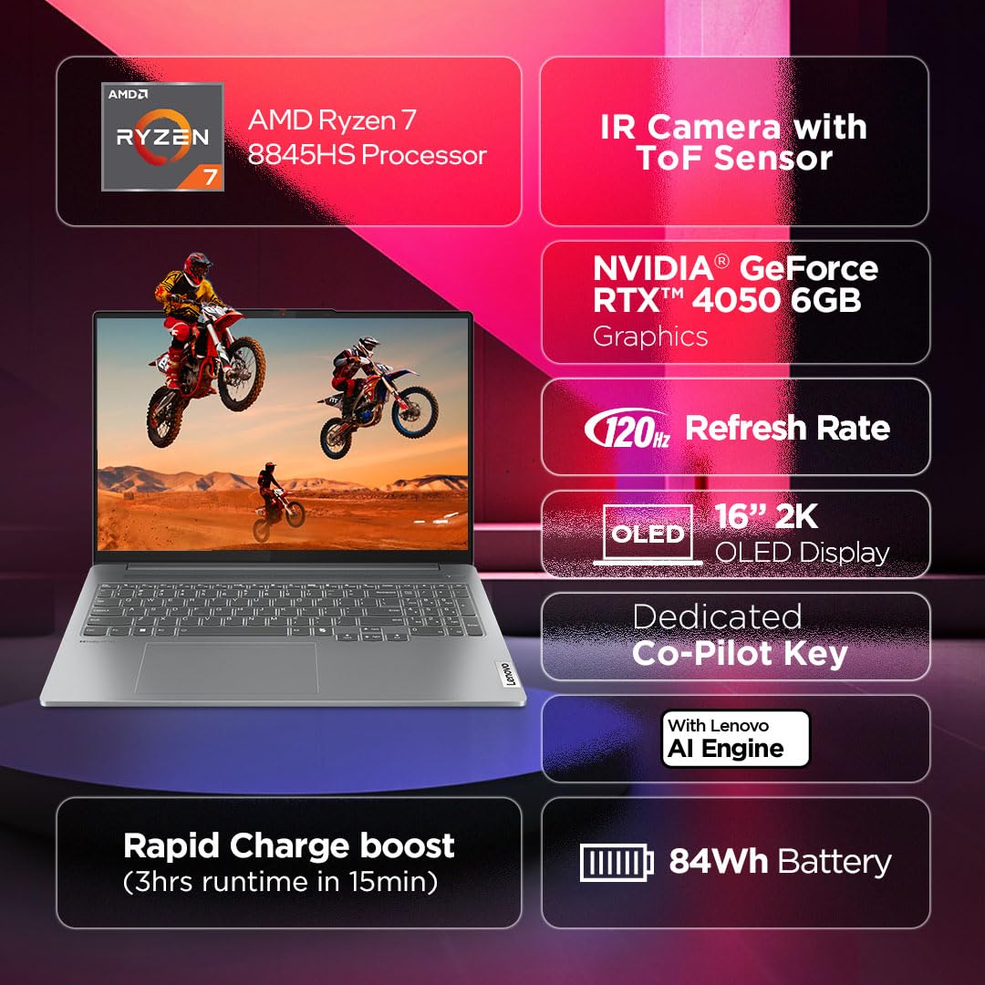 Lenovo IdeaPad Pro 5 AMD Ryzen 7 8845HS 16" (40.64cm) 2K-OLED 400Nits 120Hz Laptop (16GB/1TB SSD/NVDIA RTX 4050 6GB/Win11/100% DCI-P3/Office 2021/Alexa/3 Month Game Pass/Grey/1.91Kg), 83D5000SIN