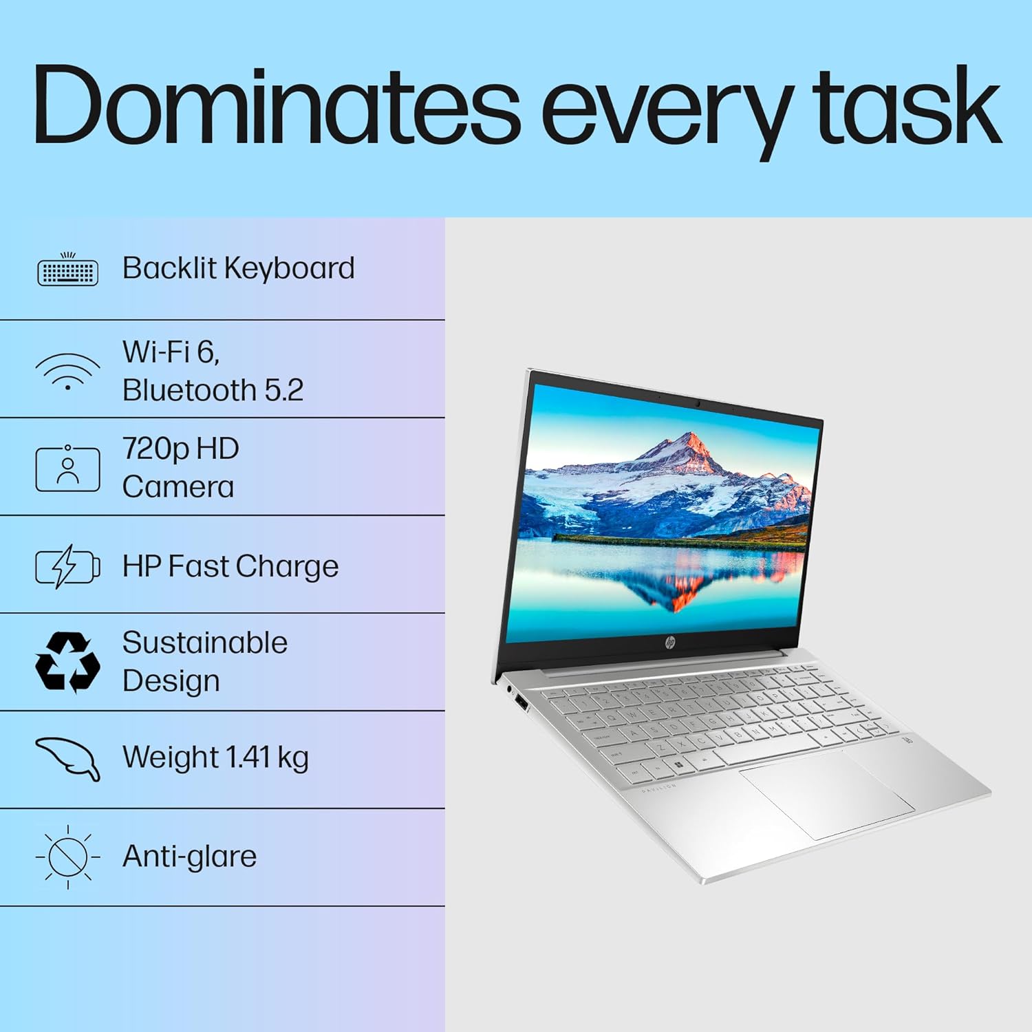 HP Pavilion, 12th Gen Intel Core i5-1235U, 16GB DDR4, 512GB SSD, (Win 11, Office 21, Silver, 1.41kg) IPS, BrightView, 14-inch(35.6cm) FHD Laptop, Intel Iris Xe Graphics, HD camera, Backlit KB,dv2014TU